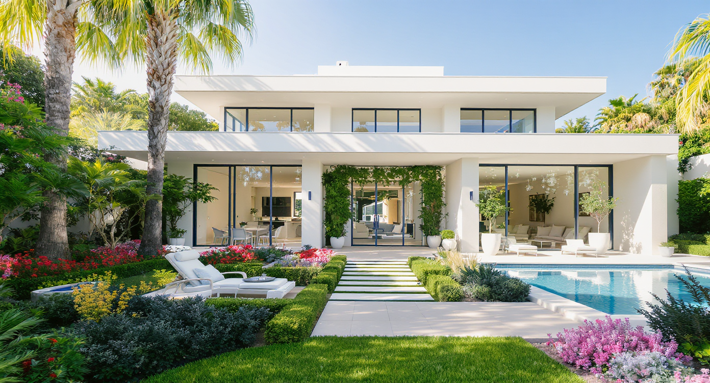 A stunning modern California home with large windows, bright interiors, and a lush garden.
