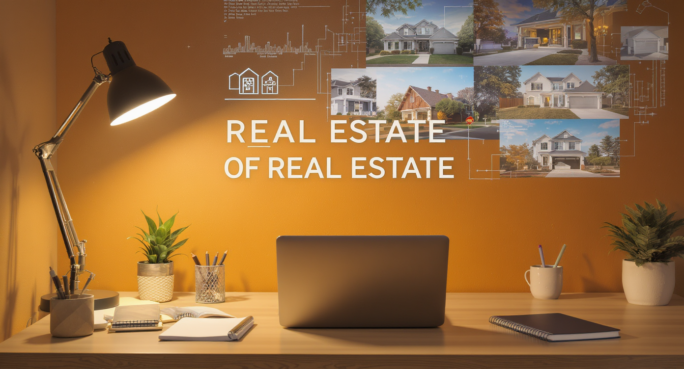 A modern workspace showcasing digital tools for real estate marketing, with books and plants for a personal touch.