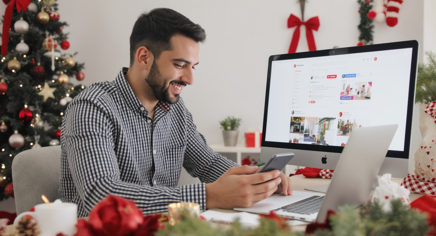 A real estate agent engaging on social media amidst holiday decorations.