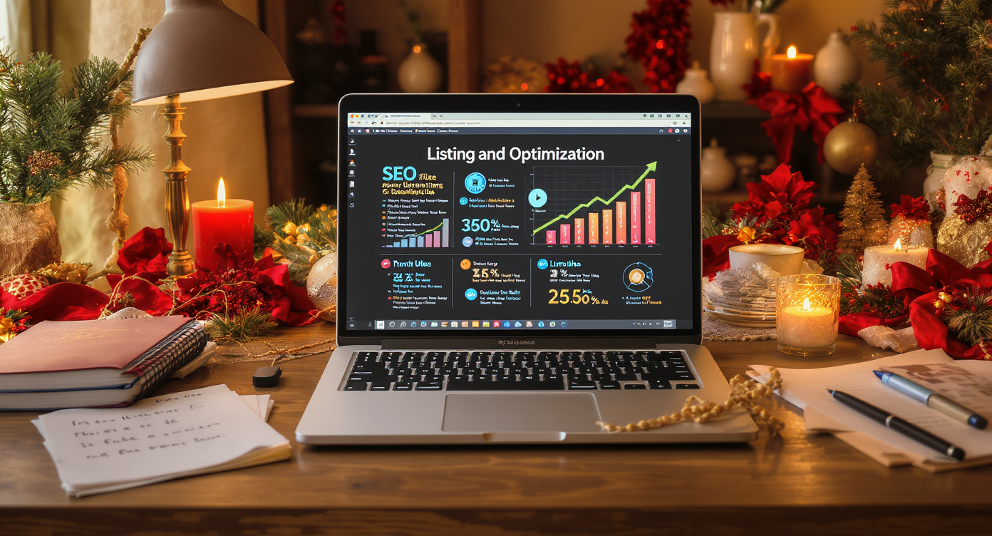 An office desk with SEO strategies displayed on a laptop amidst holiday decorations.