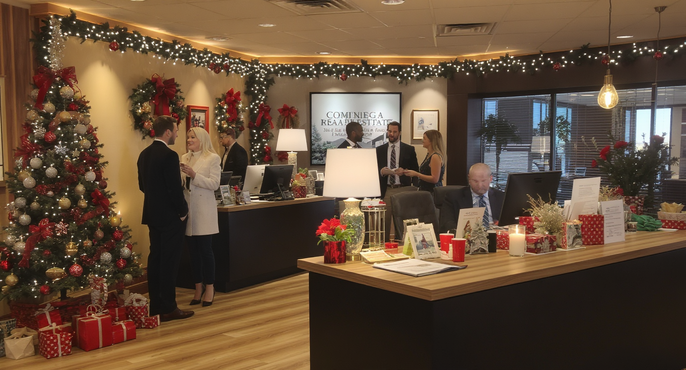 A warmly decorated real estate office with holiday decorations and engaged agents.