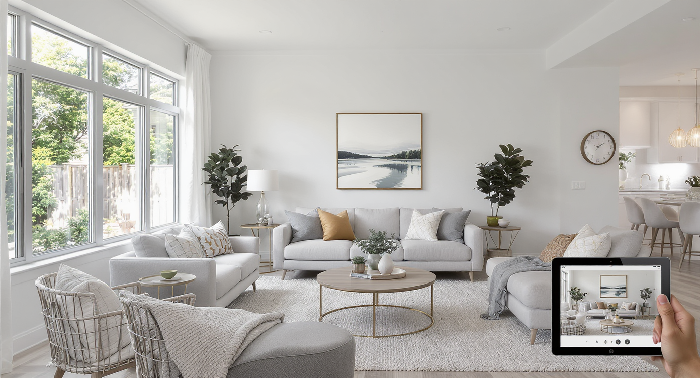 A virtually staged living room showcasing modern decor and inviting lighting.
