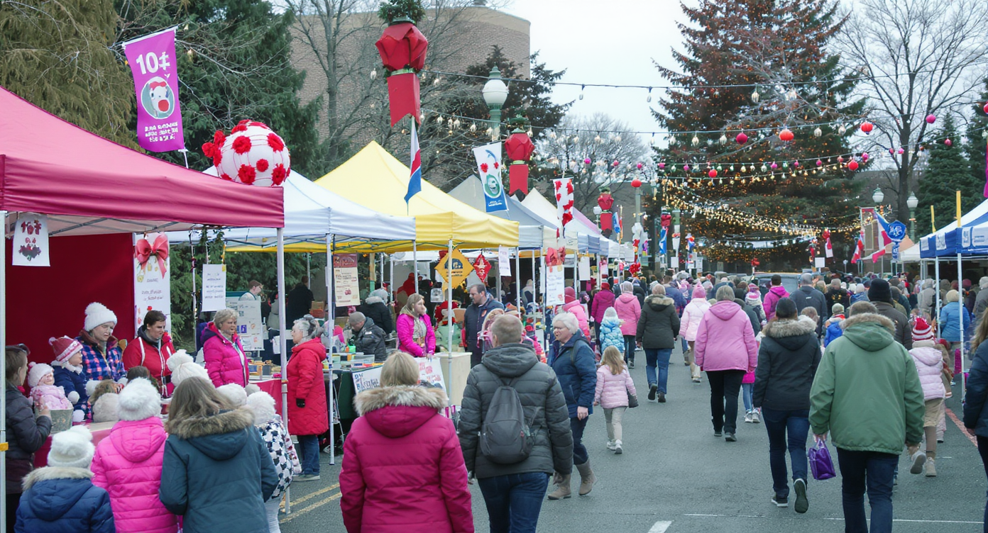A community holiday festival with families enjoying various activities and booths.