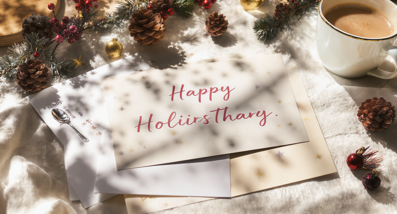 Personalized holiday greeting cards with handwritten messages displayed on a table.