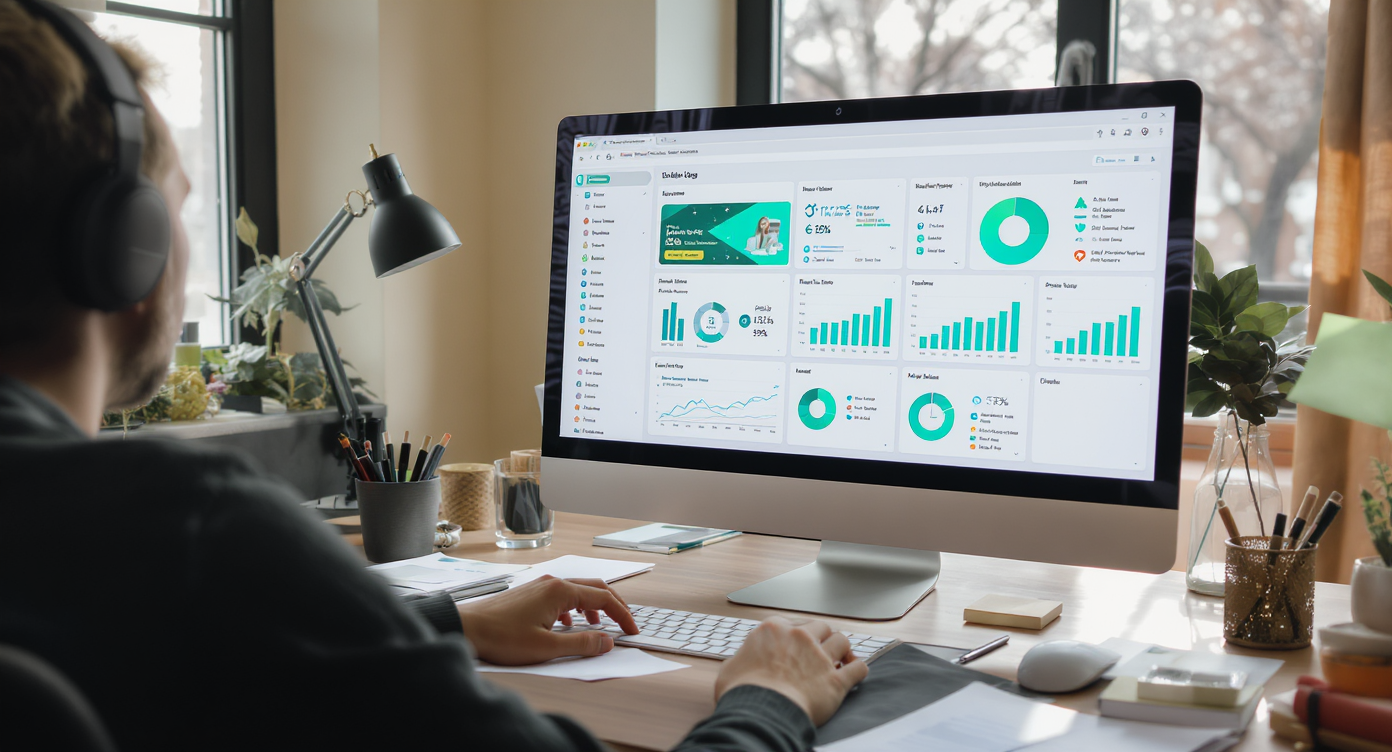 A computer displaying marketing strategies amidst a well-organized workspace.