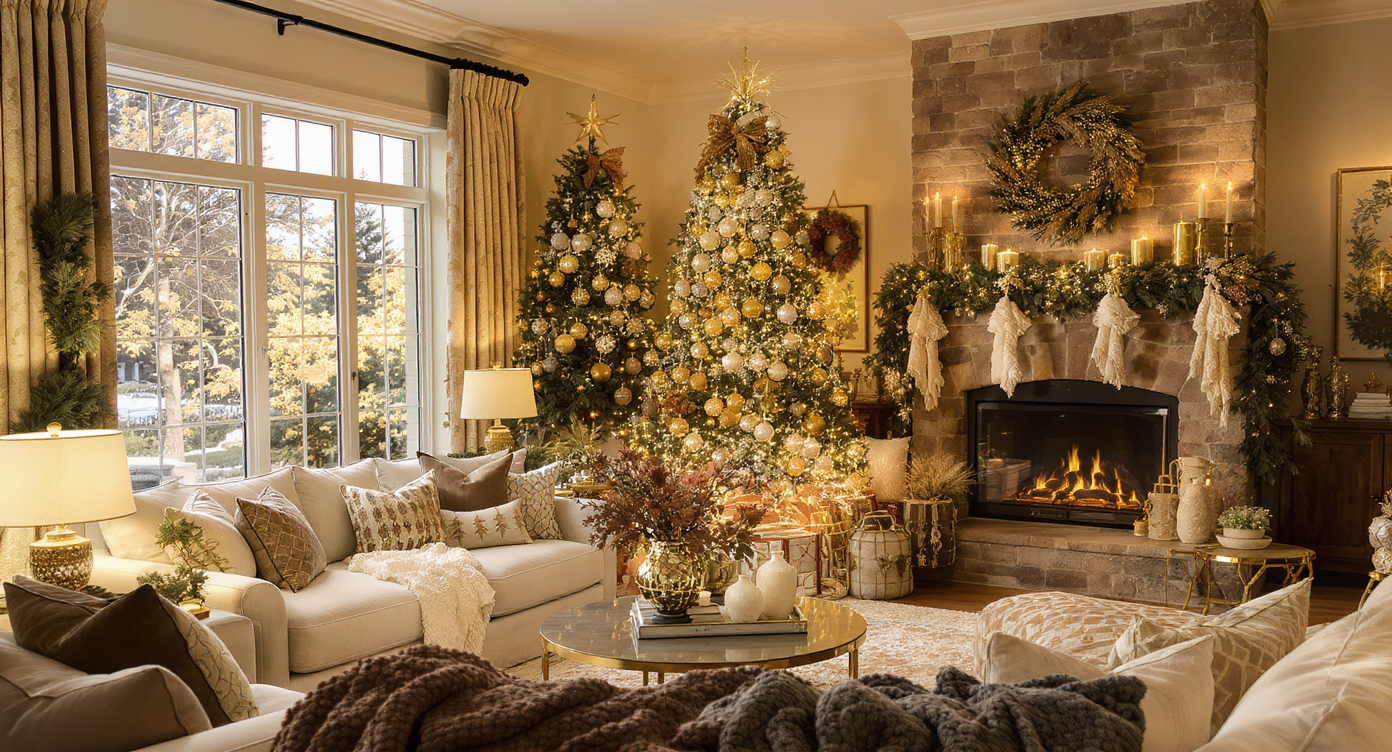 A festive and modern holiday living room with a decorated tree and cozy seating area.