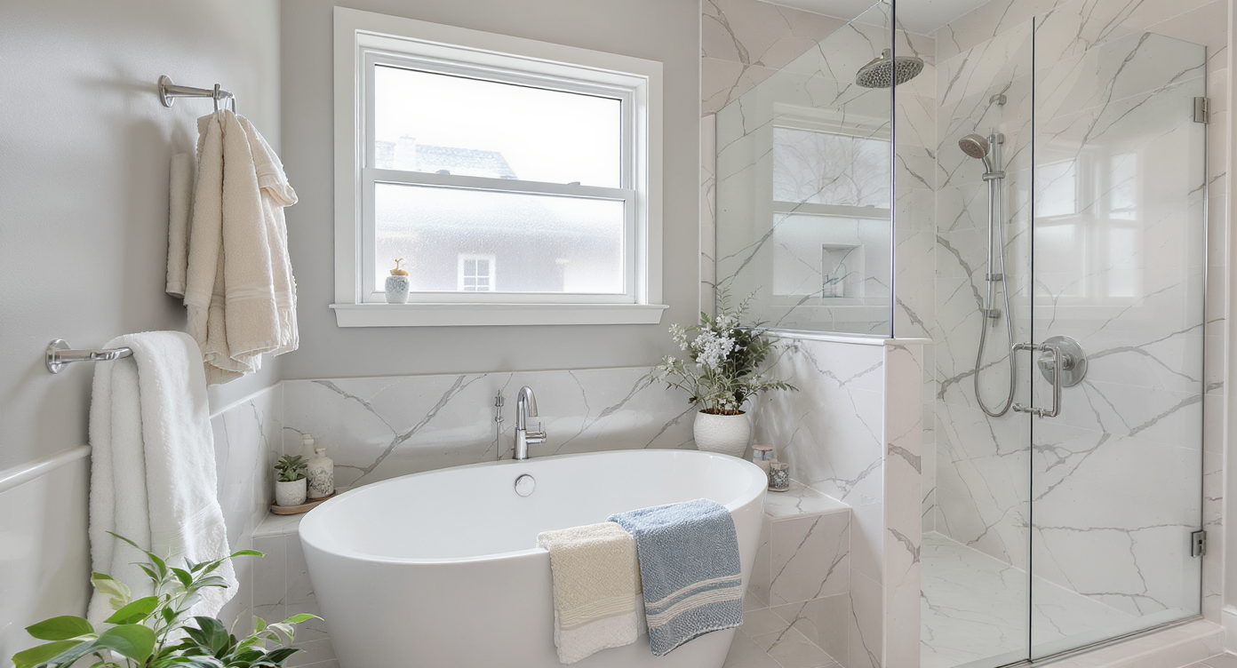 A stylish bathroom with a freestanding tub, modern shower, and peaceful color scheme.