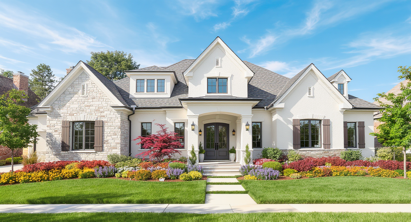 A modern, stylish home with a beautiful exterior, well-manicured landscaping, and a bright blue sky.