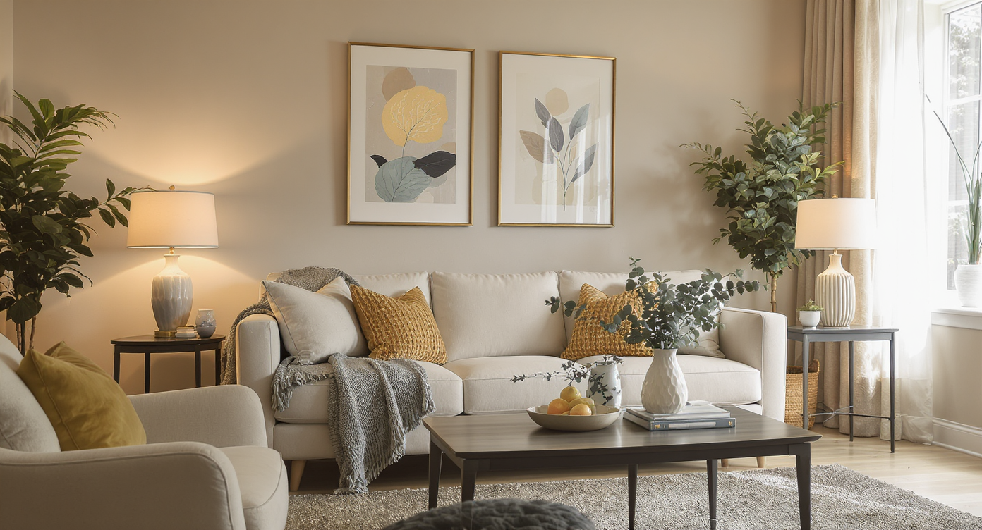 A welcoming living room with stylish furniture, art on the walls, and a bright, inviting atmosphere.