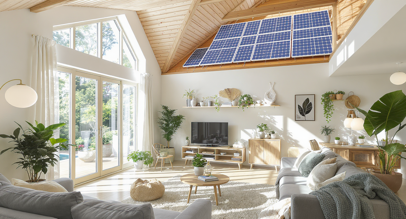 A sunny living area with energy-efficient features and natural materials, promoting a sustainable lifestyle.