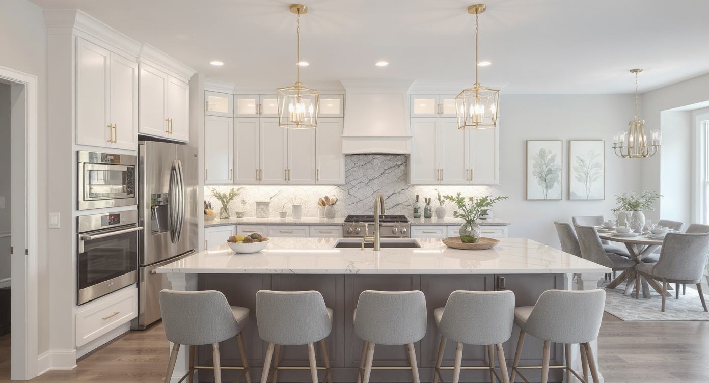 A modern kitchen featuring white cabinetry, marble countertops, a large island, and stylish pendant lights.