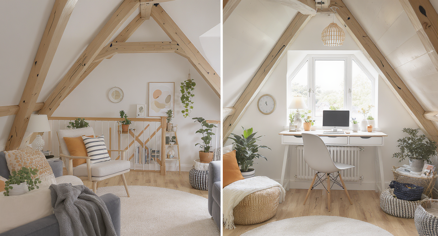 A cozy attic office space equipped with modern furniture, good lighting, and a clutter-free design.