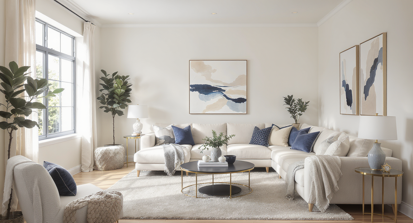 Bright modern living room featuring a cream and beige palette with navy accents, large windows, and lush plants.