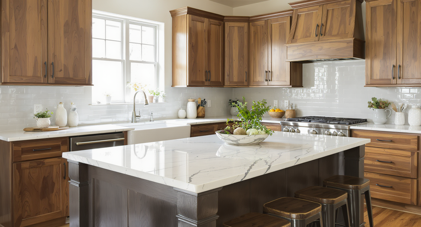 Charming kitchen with a marble countertop island, wooden cabinetry, and natural light creating a warm atmosphere.