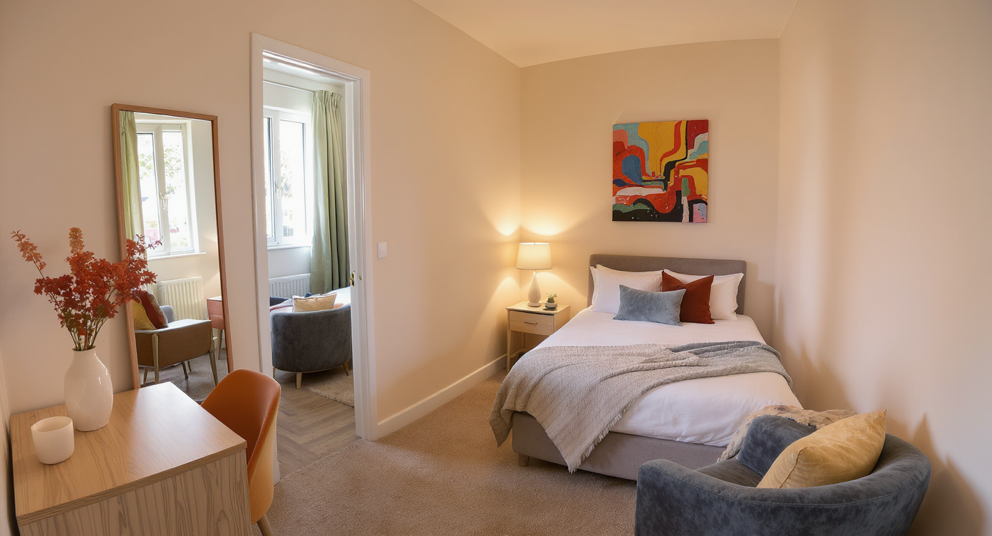 A modern small bedroom featuring soft walls, strategic furniture placement, and a mirror that enhances the sense of space.