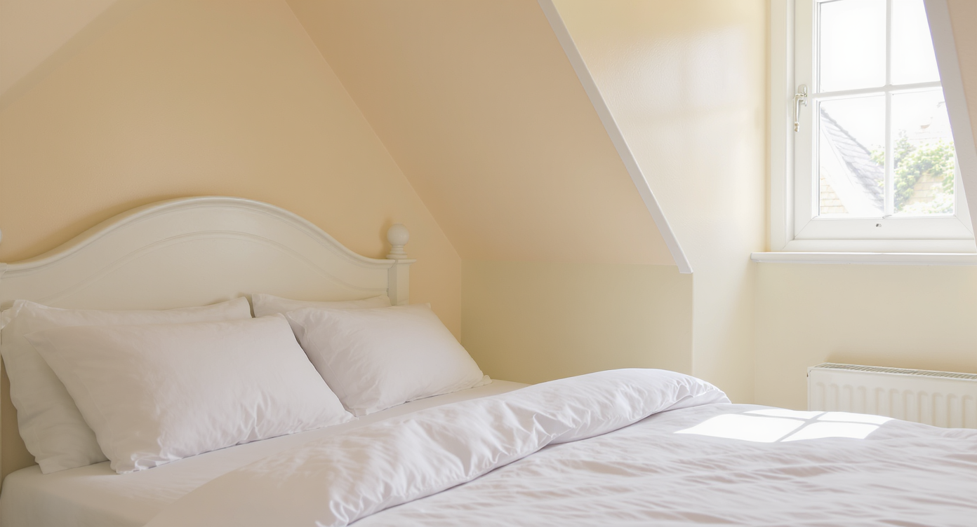 A small bedroom with soft pastel-colored walls and matching bedding, enhancing the feeling of spaciousness.