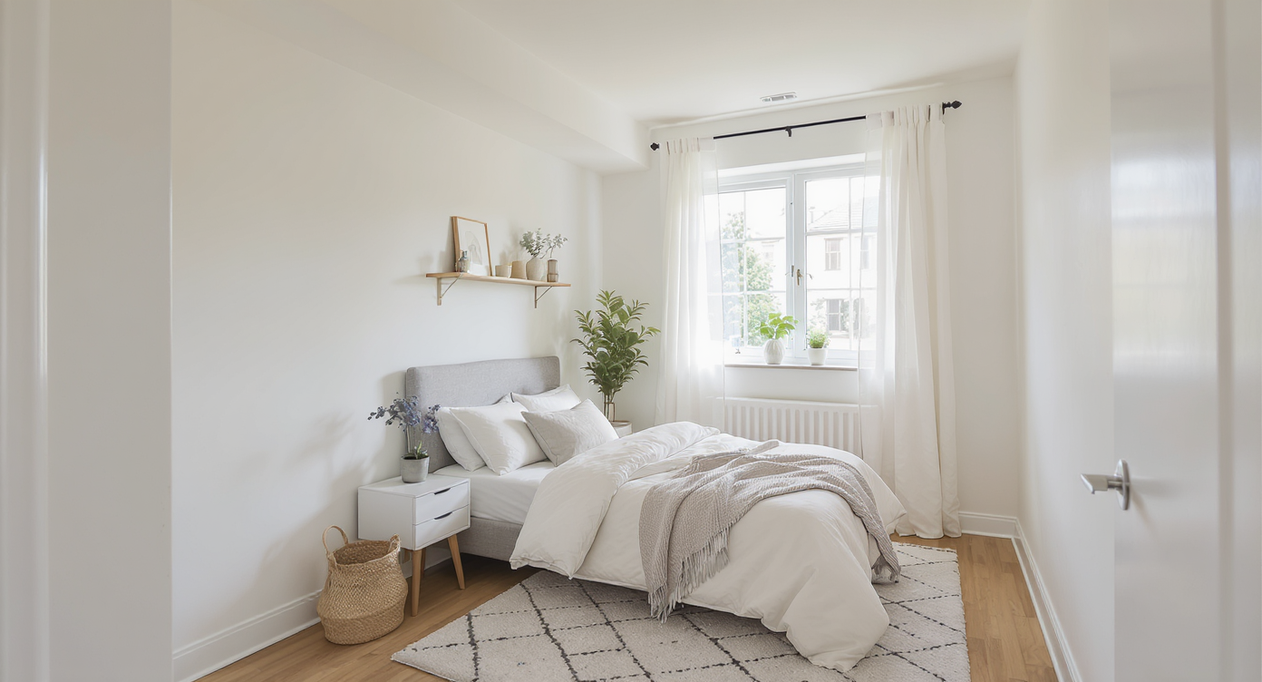 A bright, small bedroom with soft white walls, cozy bedding, and natural light from a window, showcasing space-saving design.