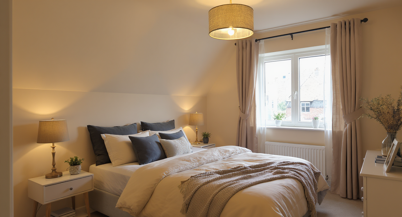 A small bedroom illuminated by various light sources, showcasing a warm and open atmosphere.