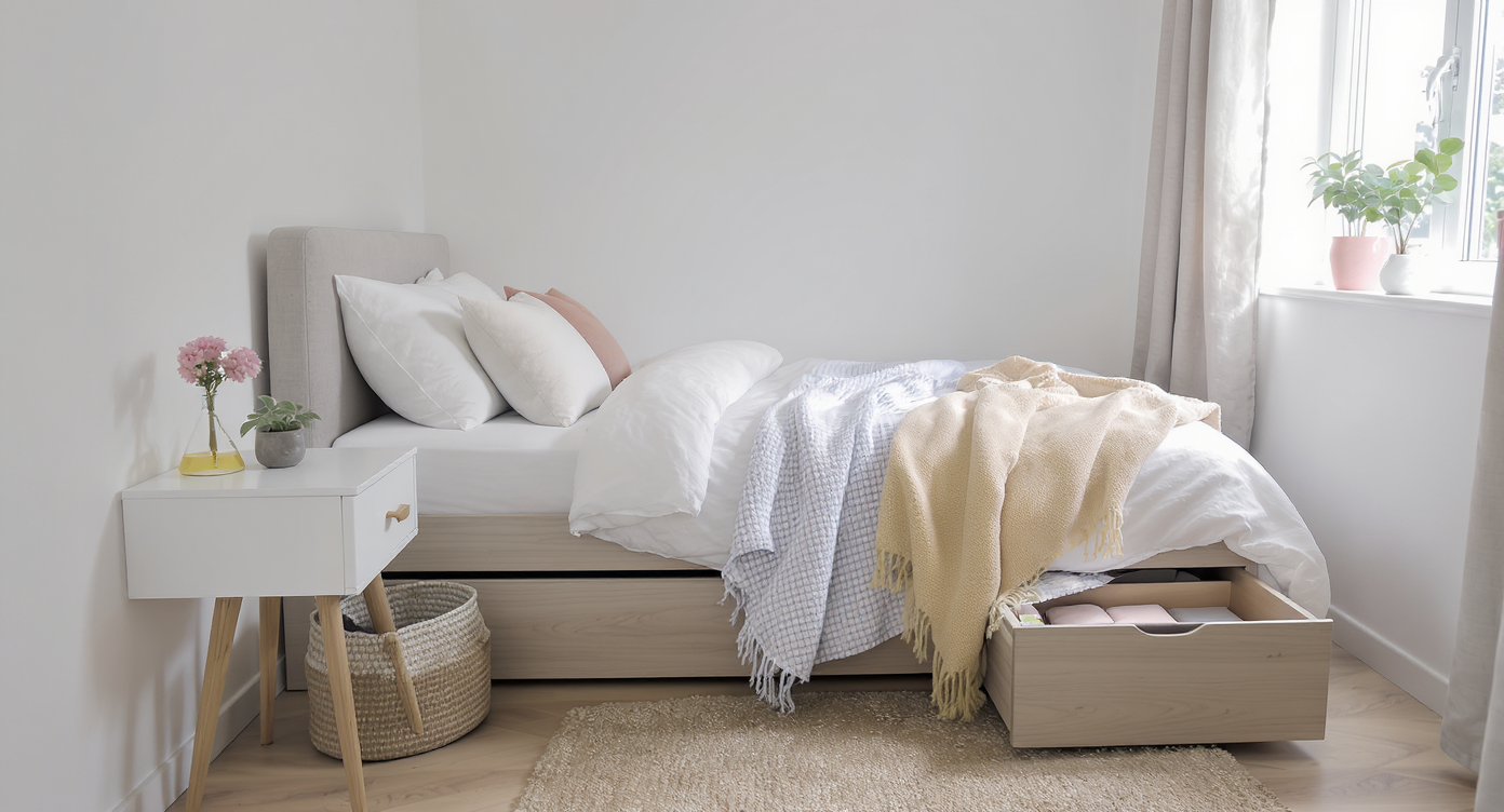 A minimally decorated small bedroom with clear surfaces and smart storage solutions, enhancing spaciousness.