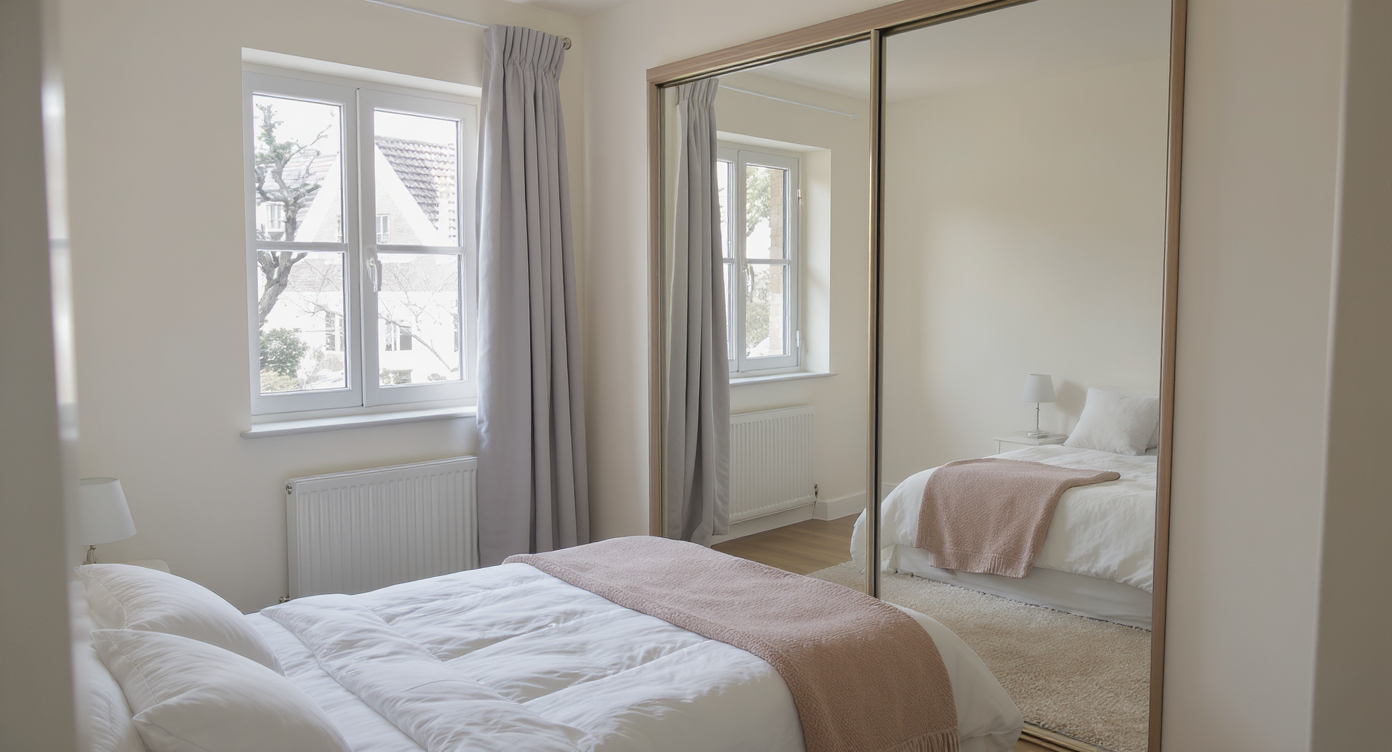 A small, stylish bedroom with a large mirror reflecting light from a window, creating a sense of increased space.