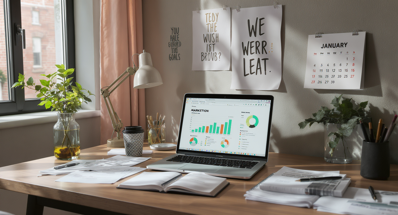 Stylish workspace with marketing materials, a laptop, and notes, symbolizing goal-setting for real estate agents.