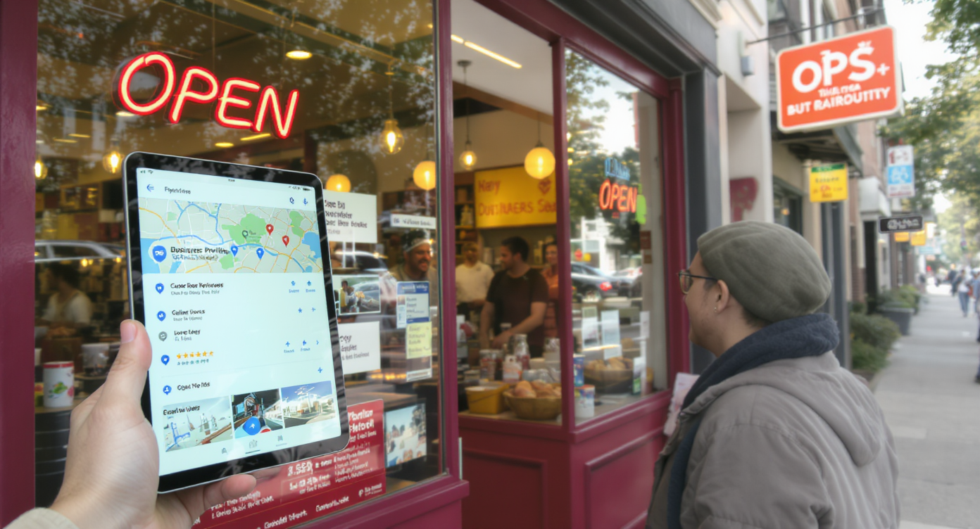 Local business storefront with tablet showing Google Business Profile and a friendly owner interacting with a client.