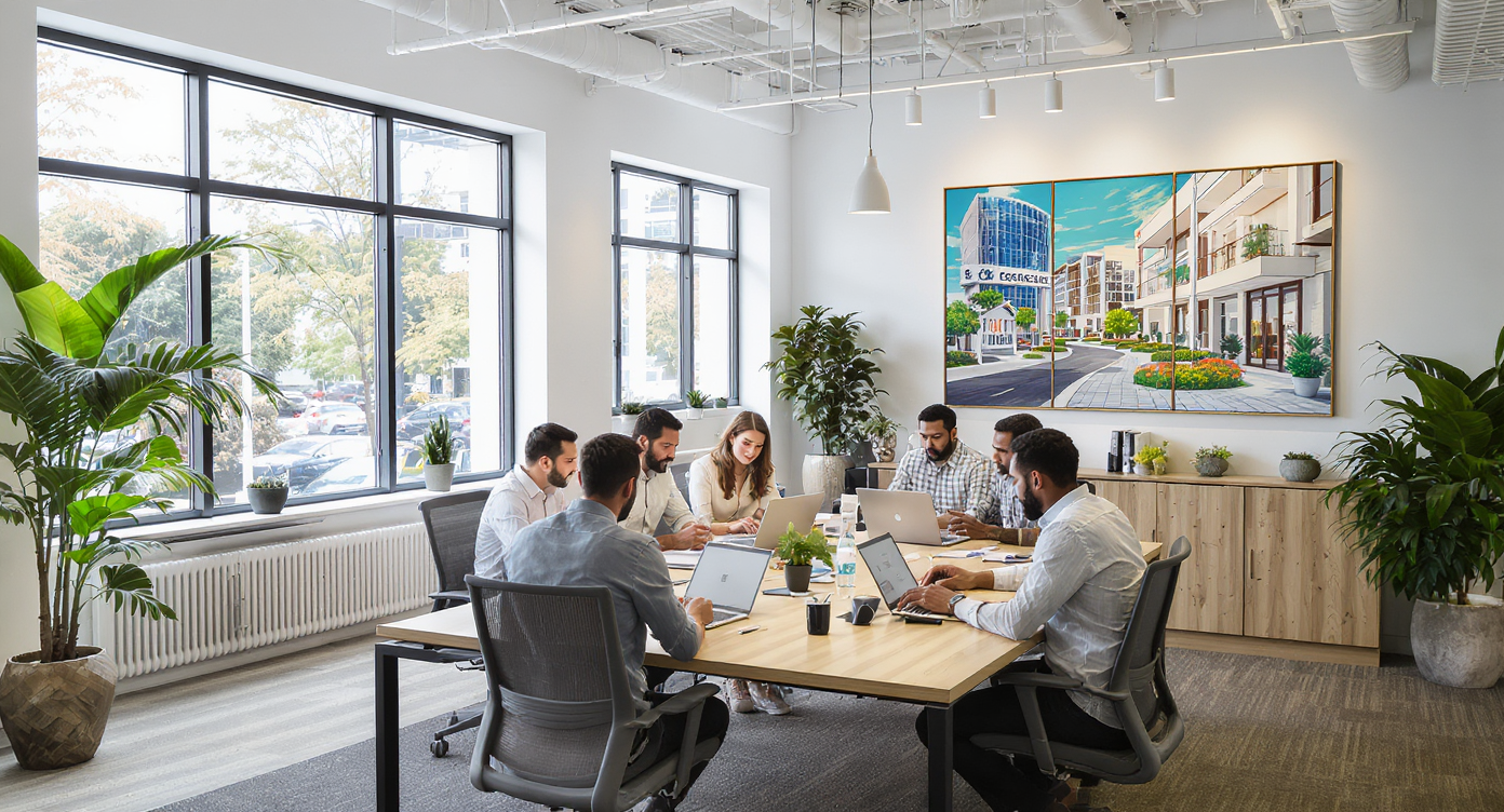 Bright and modern real estate office with agents collaborating at desks, featuring wooden furniture and artwork.