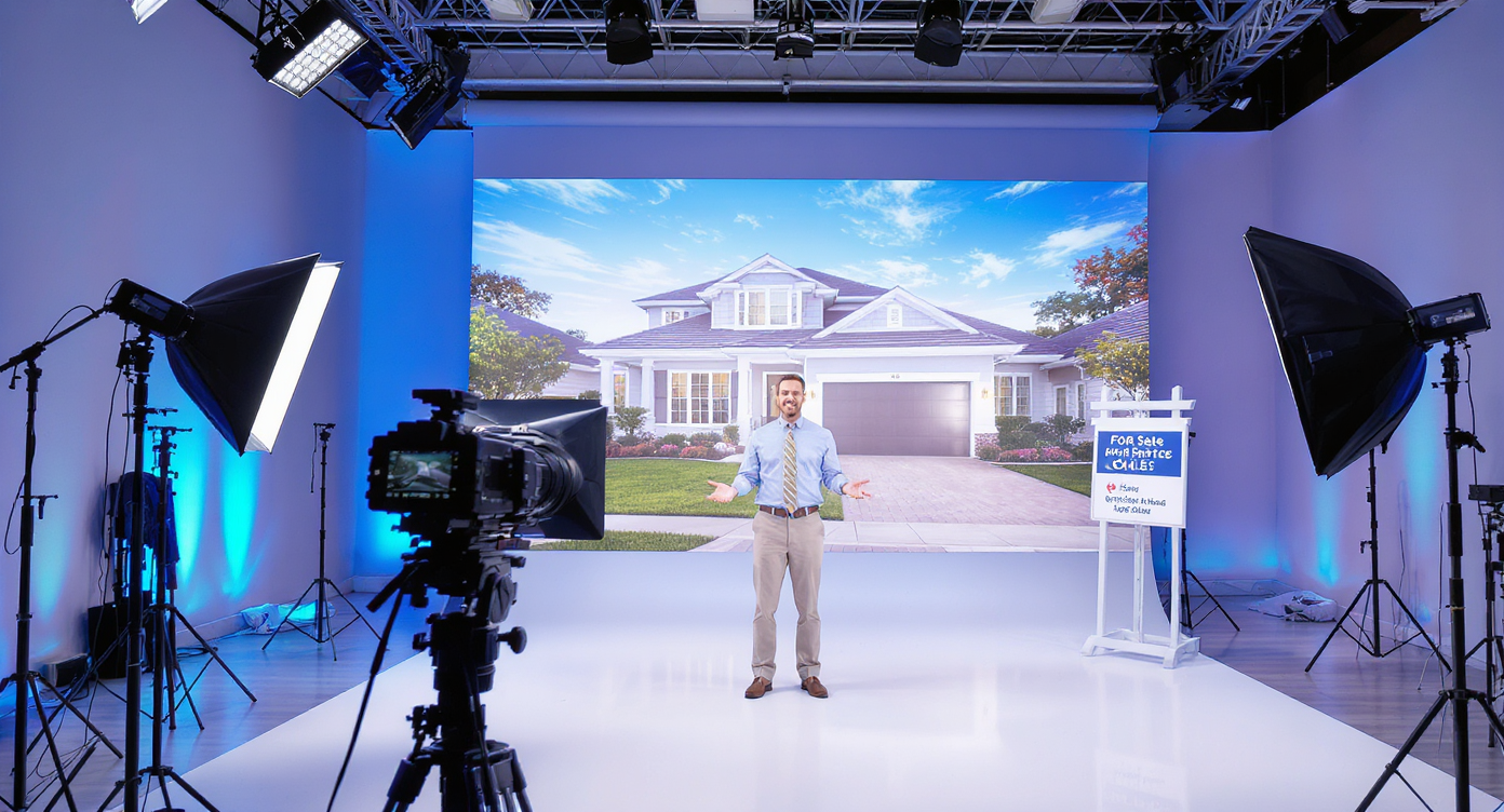 Modern video studio designed for real estate agents with a backdrop of property, camera equipment, and bright lighting.