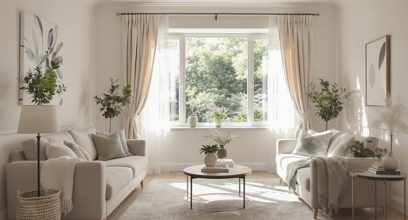 Bright, airy living room with elegant curtains framing a large window and inviting natural light.
