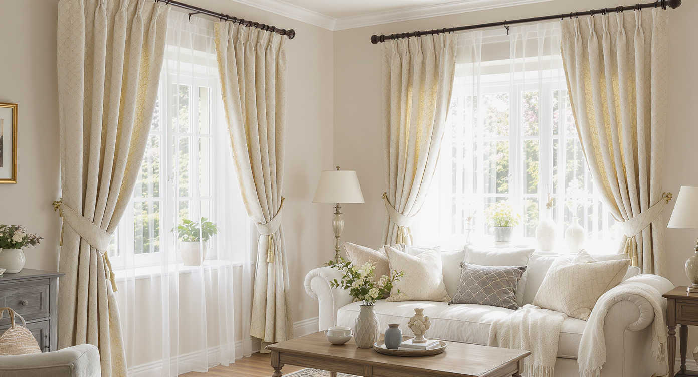 Curtains with decorative features like tiebacks and lining in a cozy living room setting.