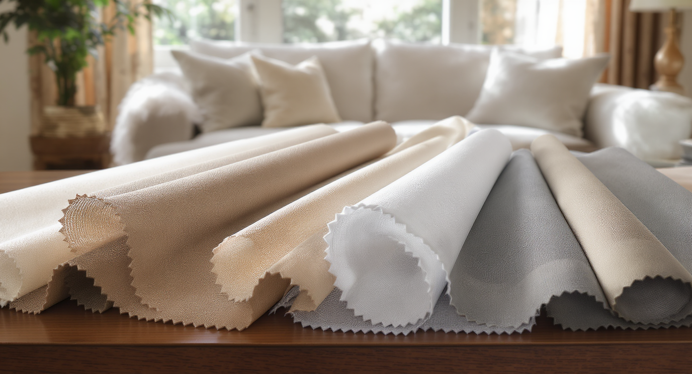 Variety of curtain fabrics displayed on a wooden table in a stylish living room.