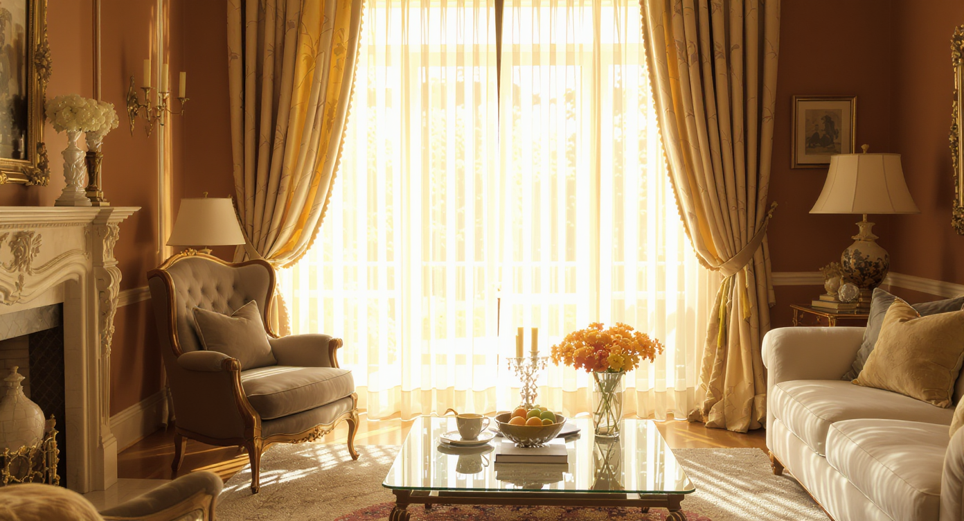 Elegant curtains that graze the floor in a beautifully styled living room.