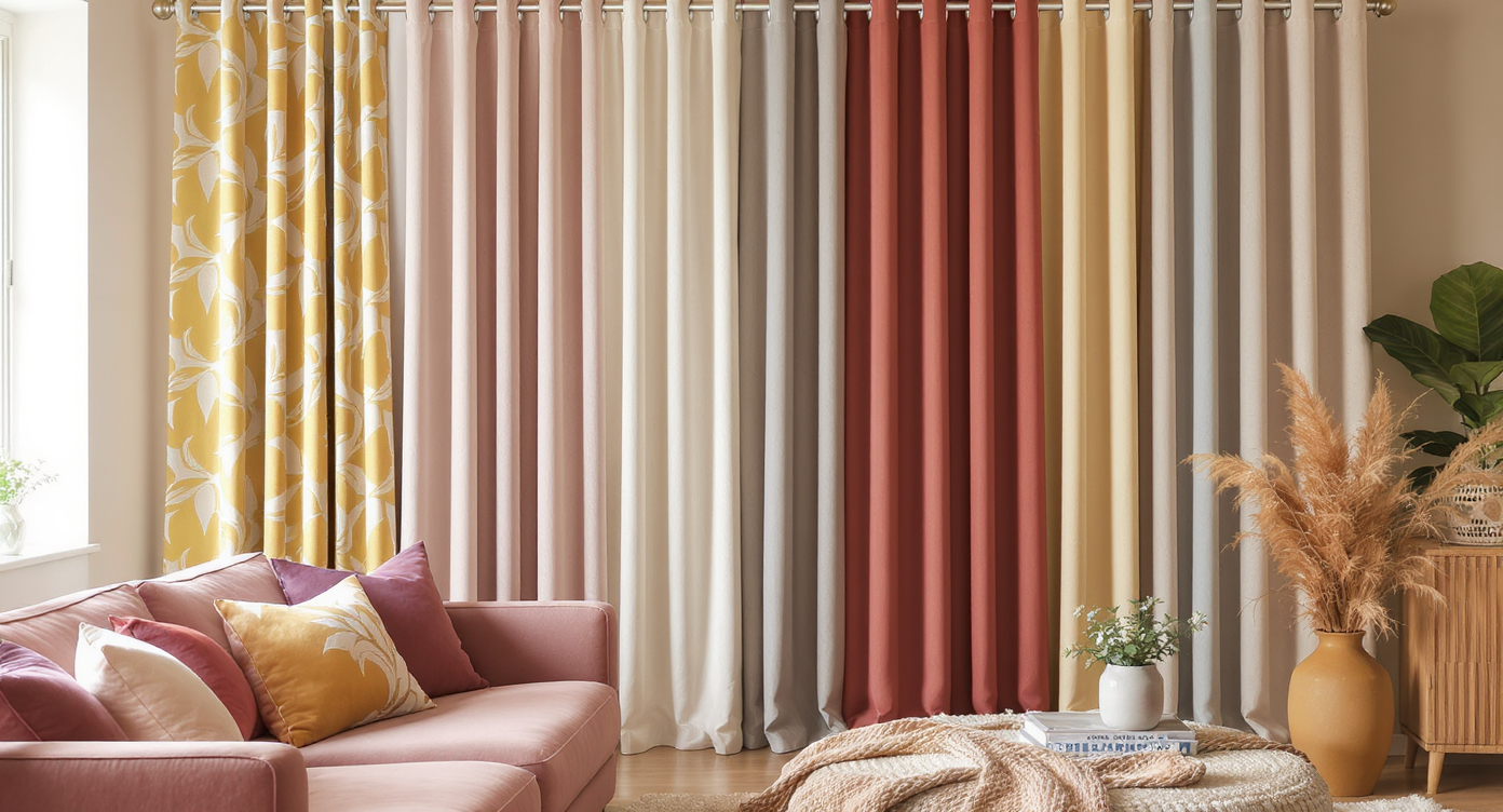 Selection of colorful curtains draped against a wall in a stylish living room.
