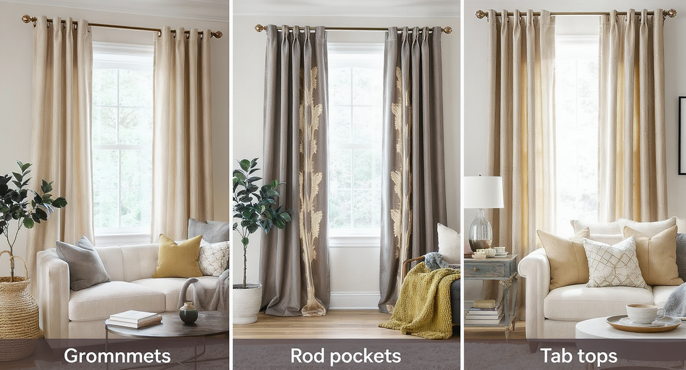 Different styles of curtains hanging in a beautifully decorated living room.
