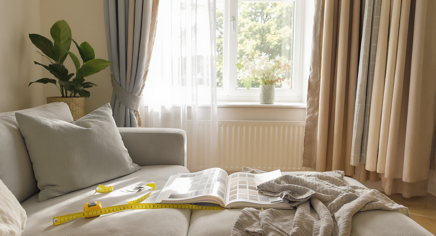 Living room ready for curtain selection with measuring tape and fabric swatches on a cozy couch.