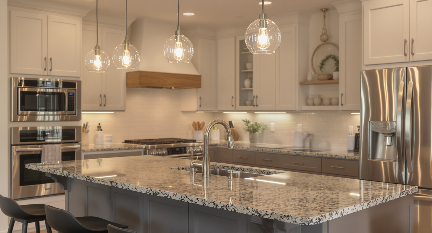 A kitchen island illuminated by stylish pendant lights in clear glass.