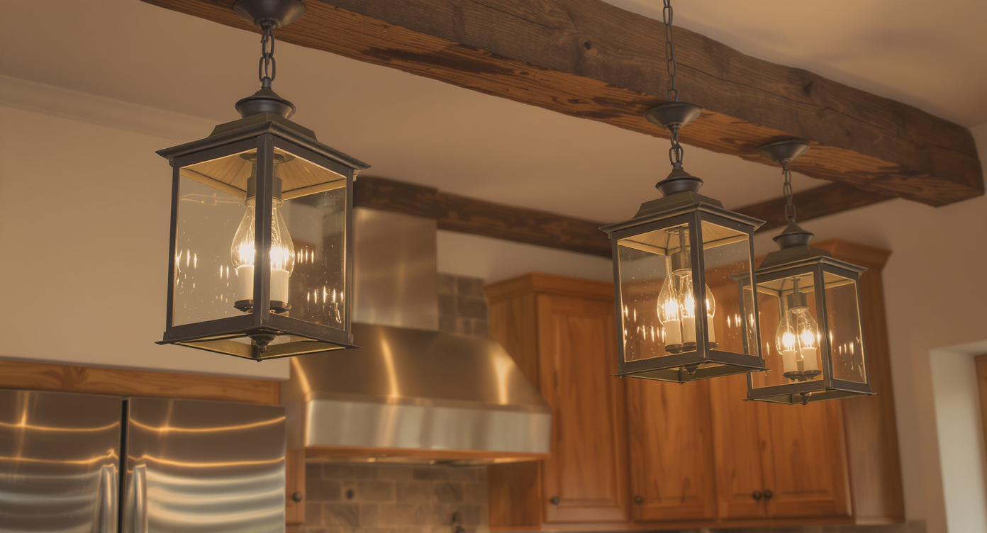 Lantern pendants create a cozy farmhouse feel in a modern kitchen.