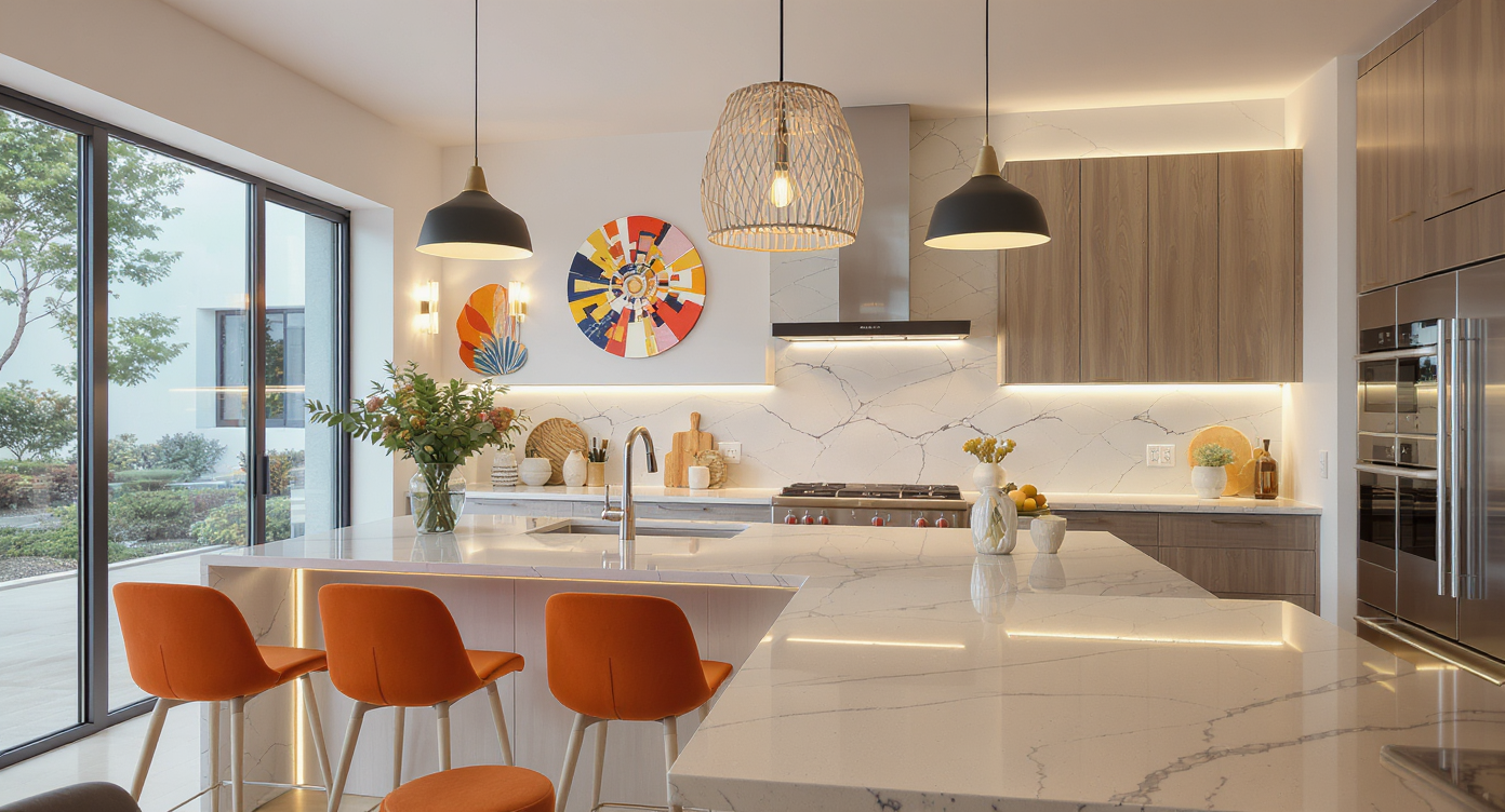 A bright, modern kitchen with diverse lighting options including pendant and wall sconces.