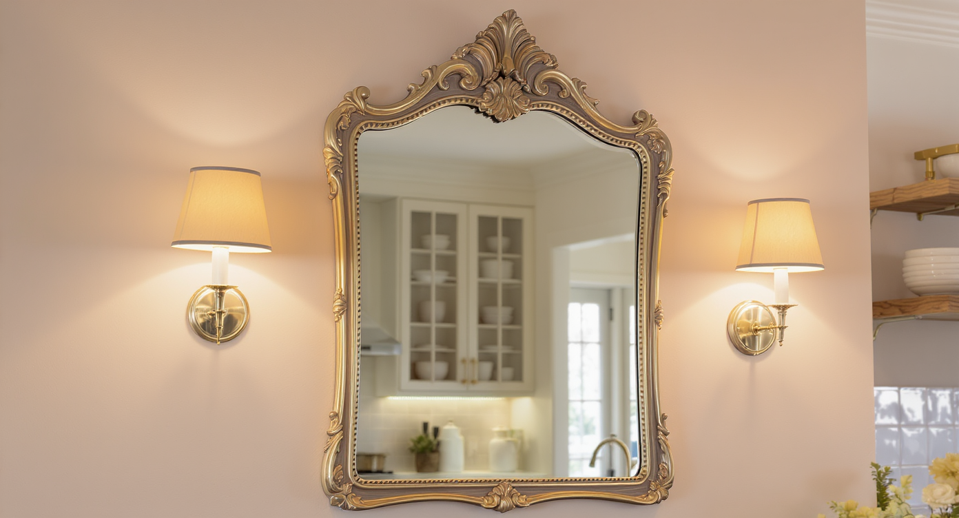 Elegant wall sconces flanking a vintage-style mirror in a kitchen setting.