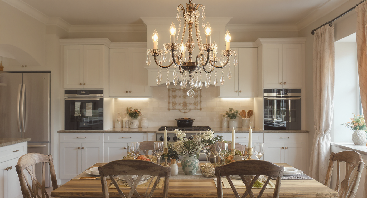 A vintage-inspired chandelier hanging above a rustic dining table in a kitchen.