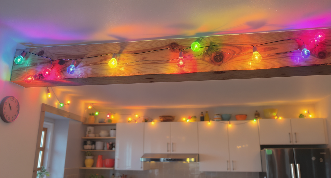 Colorful corded bulb lights create a lively atmosphere in a modern kitchen.