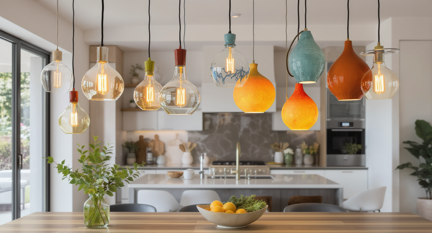 Artistic pendant lights provide functional lighting over a kitchen table.