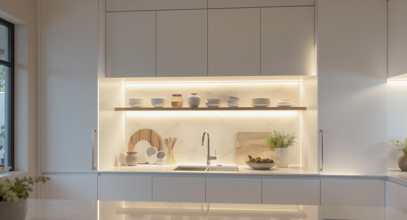 Built-in light columns provide elegant illumination for kitchen storage.