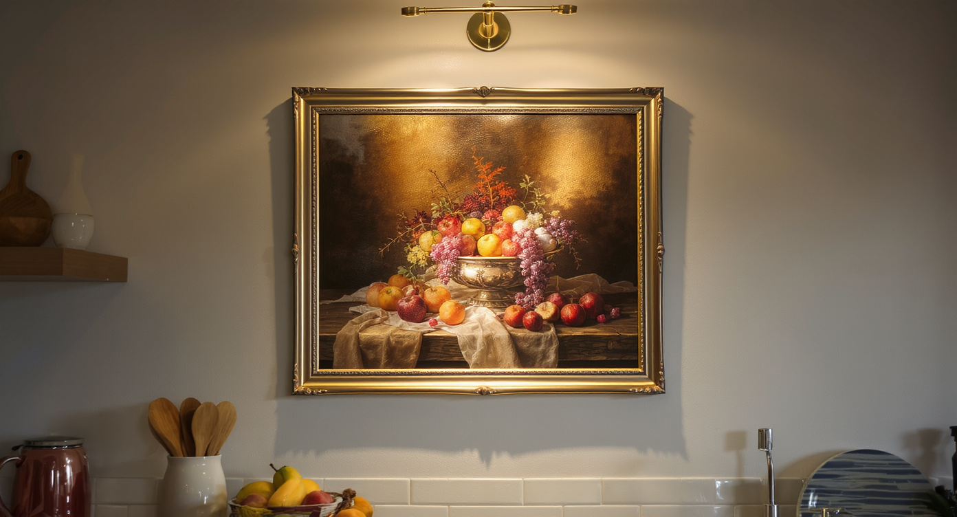 A picture light showcases vibrant artwork in a beautifully designed kitchen.