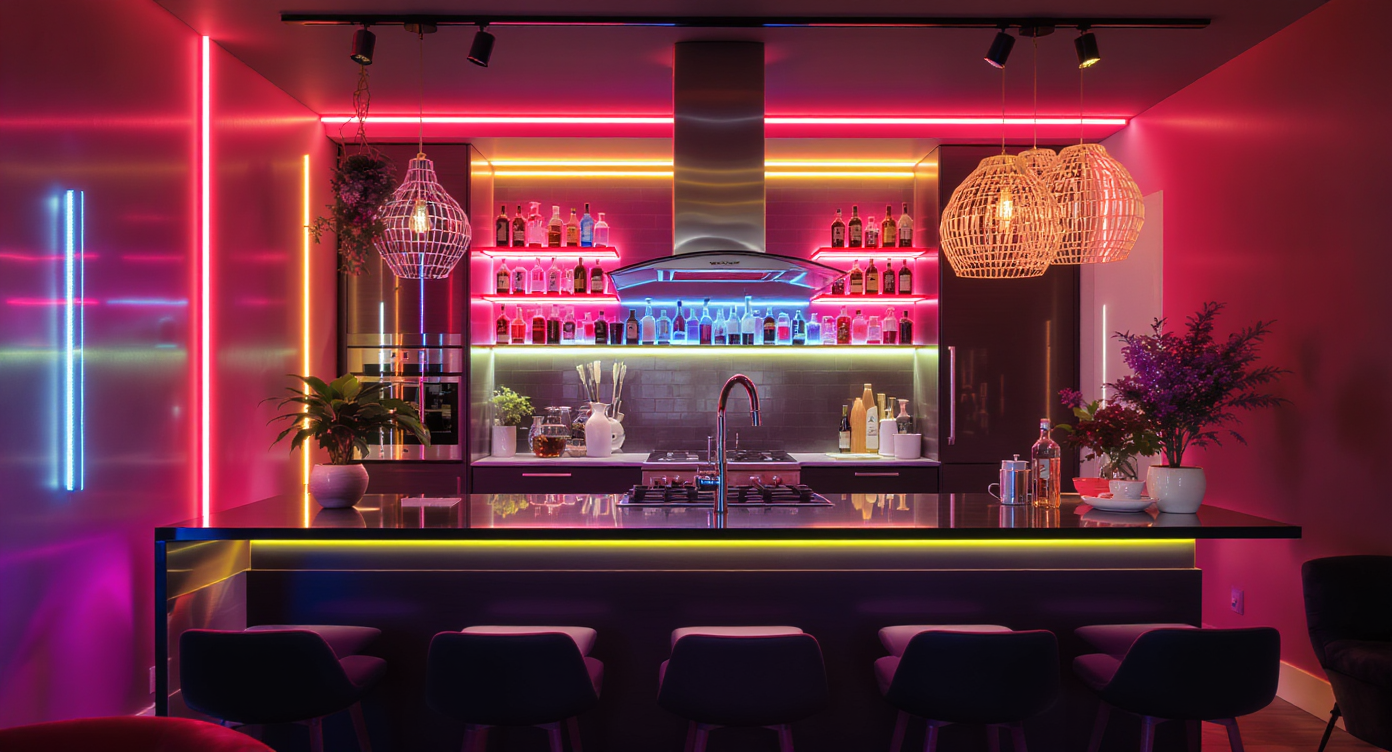 Vibrant modern neon fixtures add whimsy to a contemporary kitchen space.