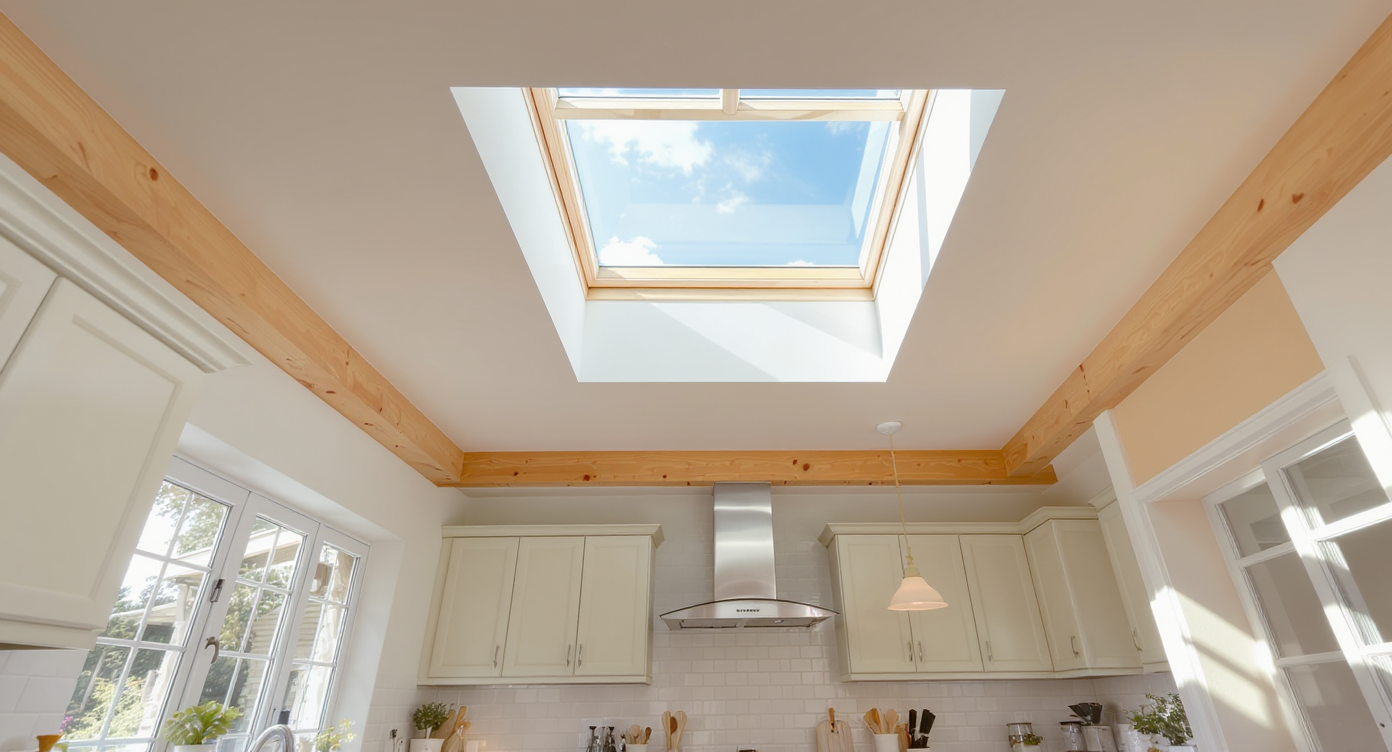 Natural light from a skylight brightens a contemporary kitchen interior.