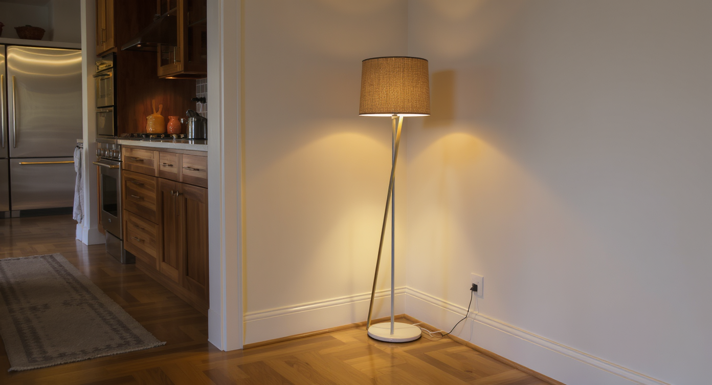 A minimalist floor lamp enhances the ambiance in a contemporary kitchen.