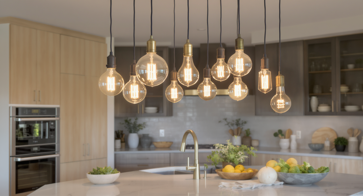 Clusters of decorative hanging bulbs above a kitchen island create artistic flair.