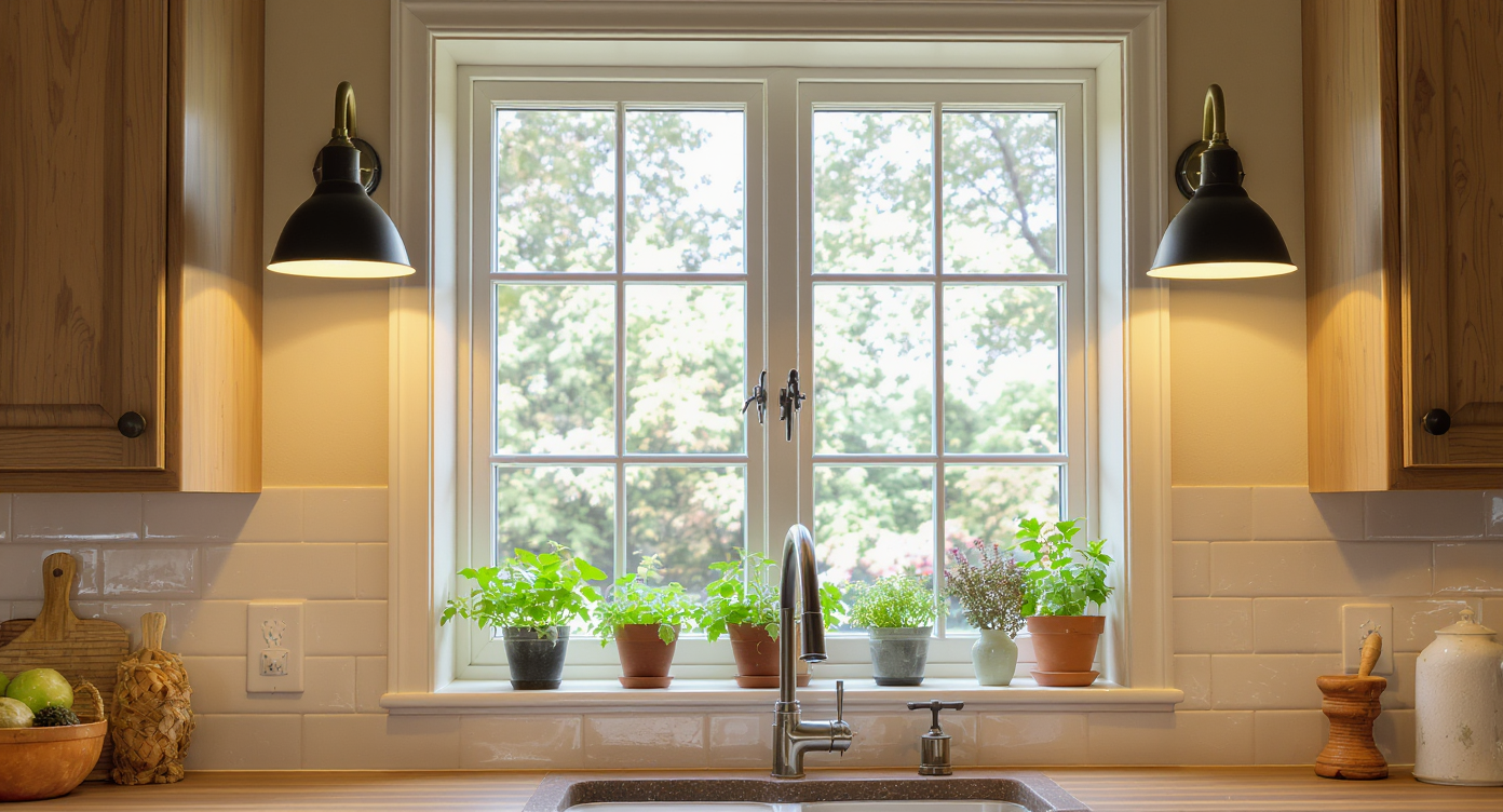 Gooseneck sconces provide vintage charm over a kitchen sink and window.