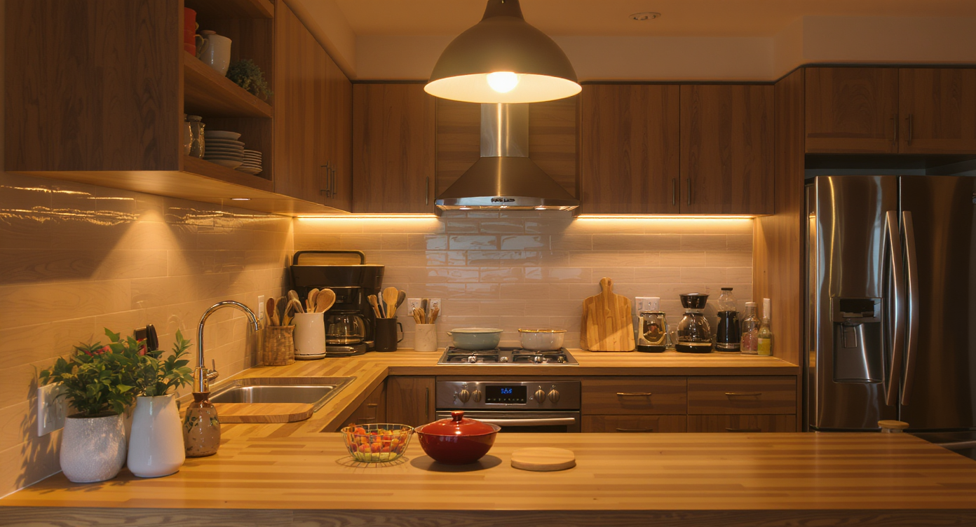 A stylish kitchen workspace warmly illuminated with modern lighting.